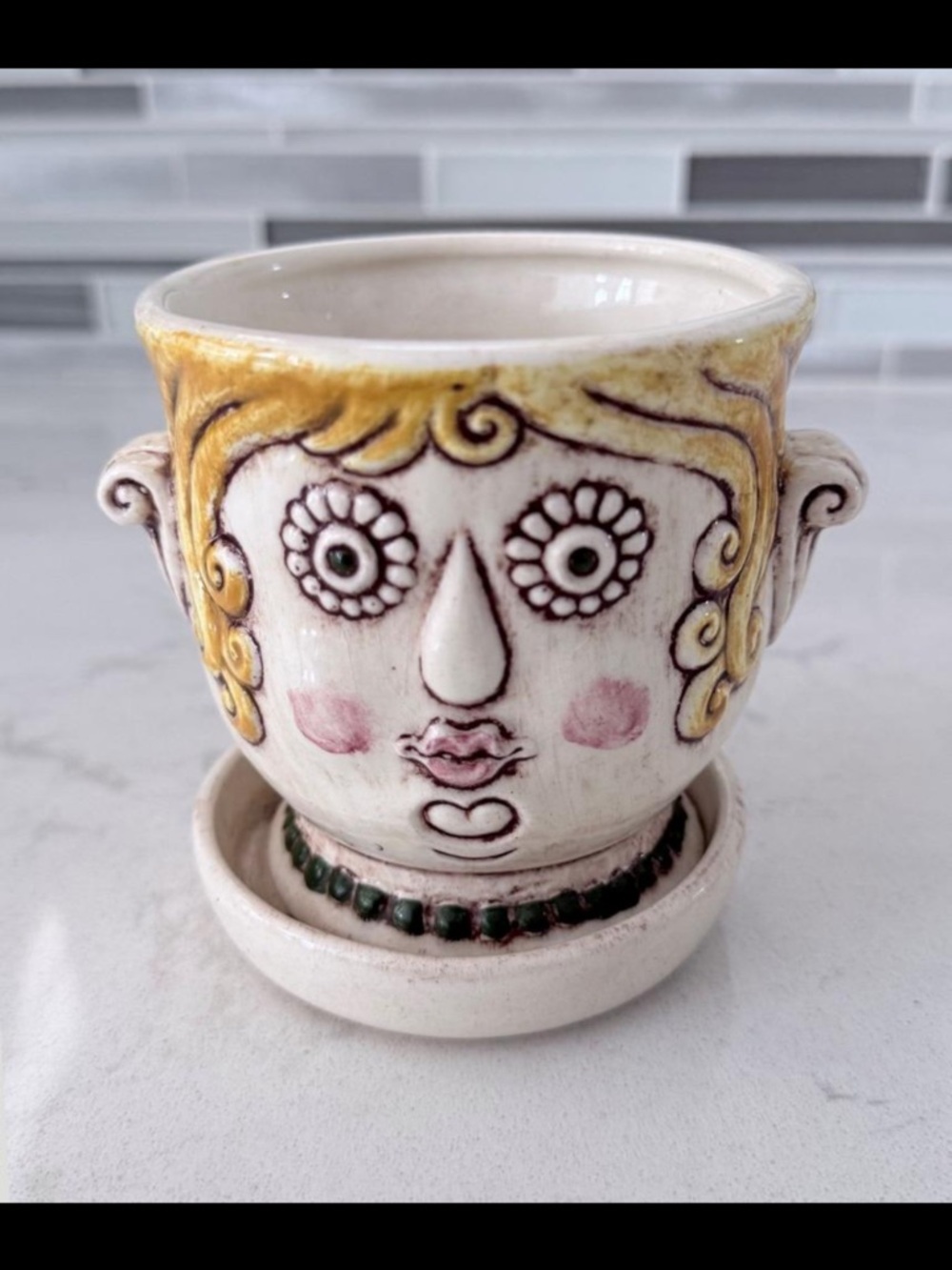 Vintage Treasure Craft USA Face Planter - Blonde Girl Daisy Eyes w/ Saucer